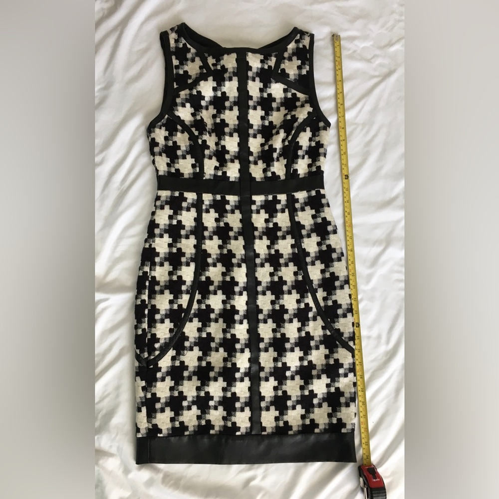 Laundry black/white/grey fully lined sleeveless tweed dress with leather accents